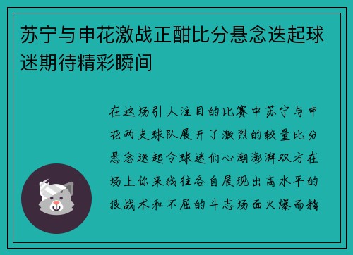 苏宁与申花激战正酣比分悬念迭起球迷期待精彩瞬间