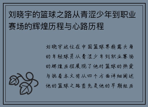 刘晓宇的篮球之路从青涩少年到职业赛场的辉煌历程与心路历程